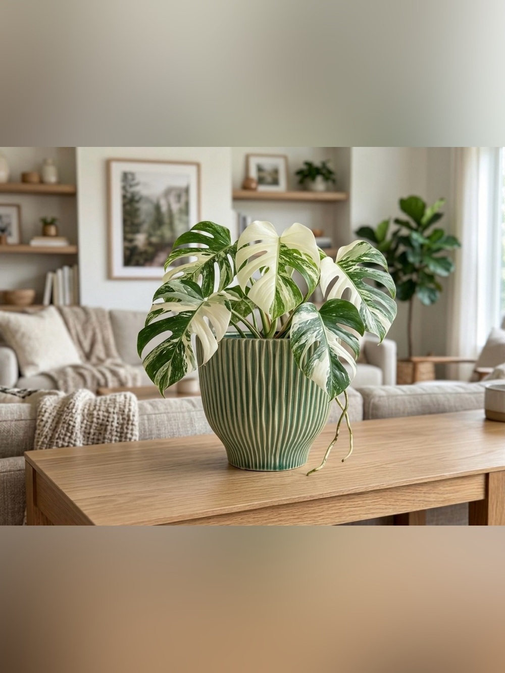 Boho Green Ribbed Ceramic Planter with Drainage Hole | Fluted Plant Pot